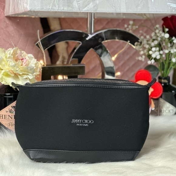 JIMMY CHOO BEAUTY BLACK SCUBA PERFUME MAKEUP HYGIENE BAG ZIP CLOSURE SIDE SNAP - Picture 2 of 12